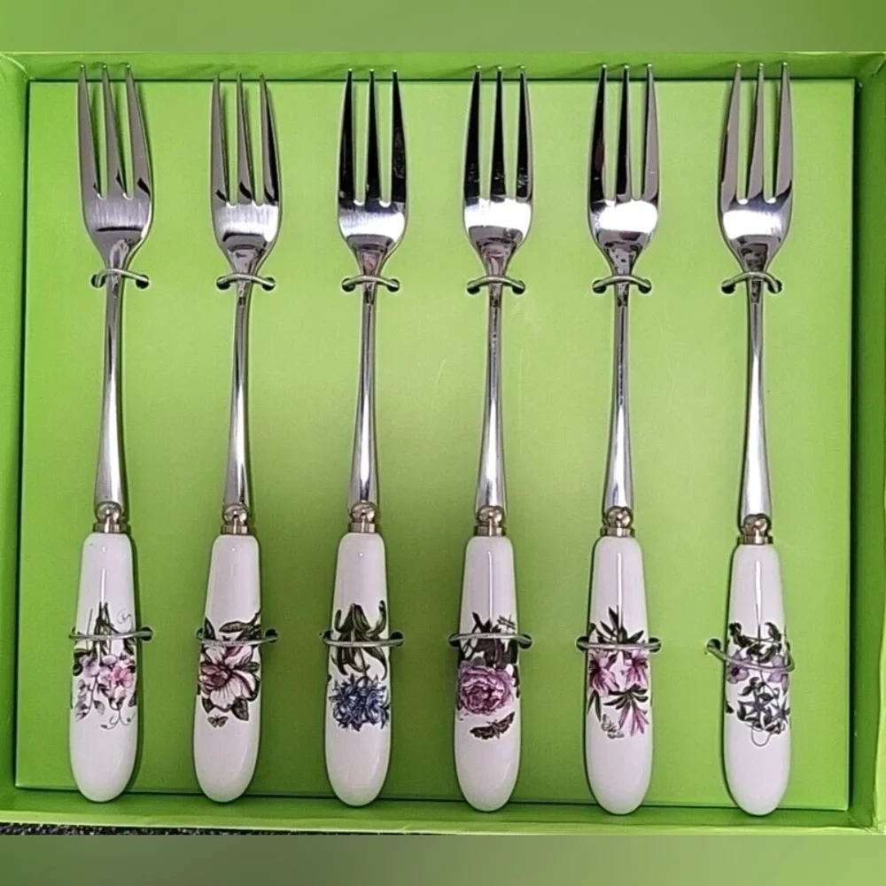 Portmeirion Botanic Garden Set of 6 Pastry Forks Porcelain Handles Floral Motifs - Picture 2 of 5